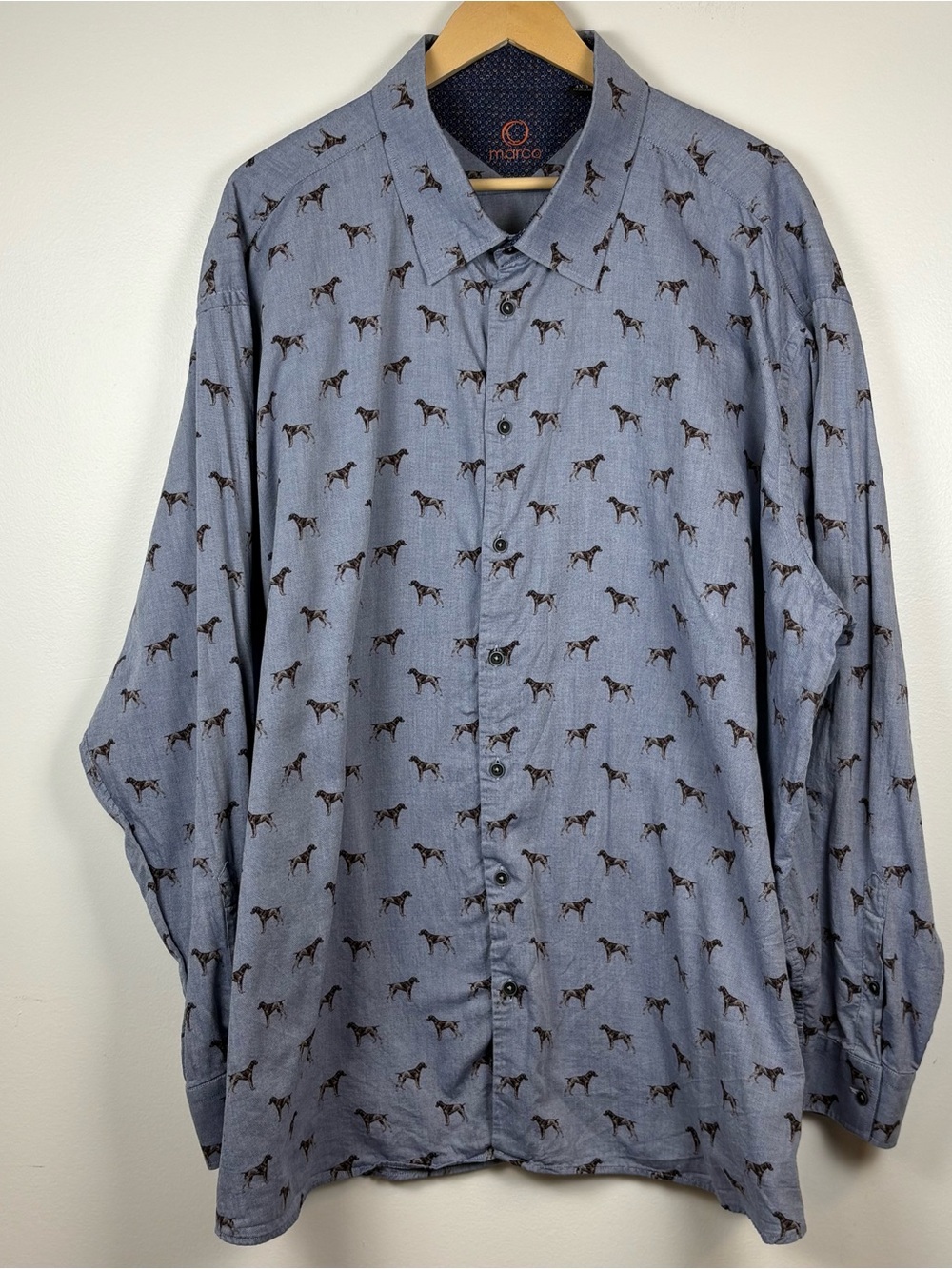 Marco Men’s Light Blue Dog Print Dress Shirt Regular Fit Button-Up 4XB Cotton